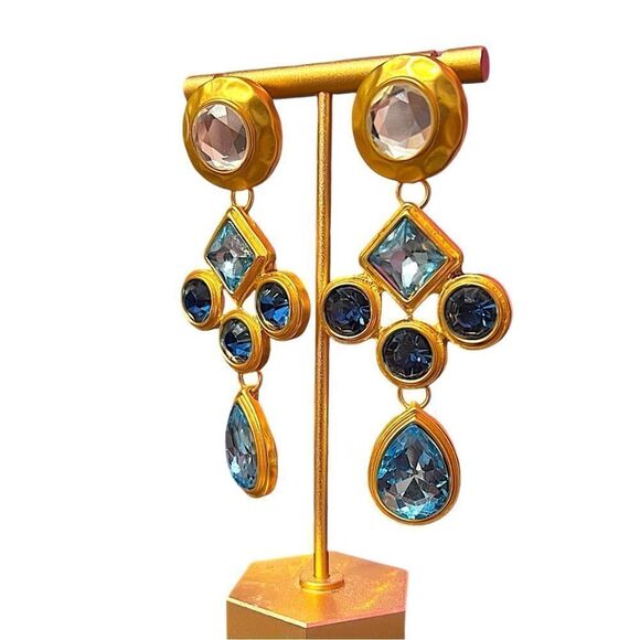 Blue Glass Crystal Matte Gold Tone Large Statement Earrings NWT - Picture 4 of 5